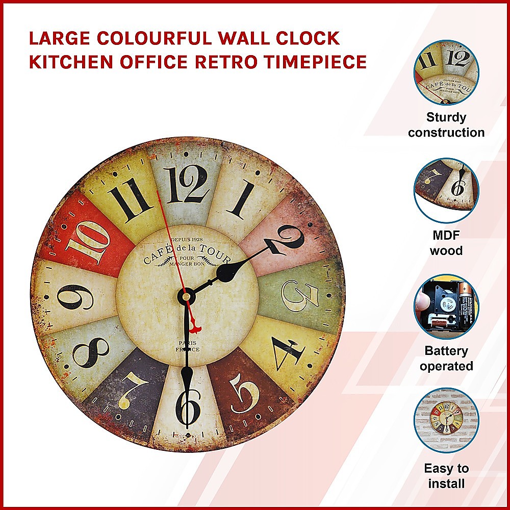 Large Colourful Wall Clock Kitchen Office Retro Timepiece 3