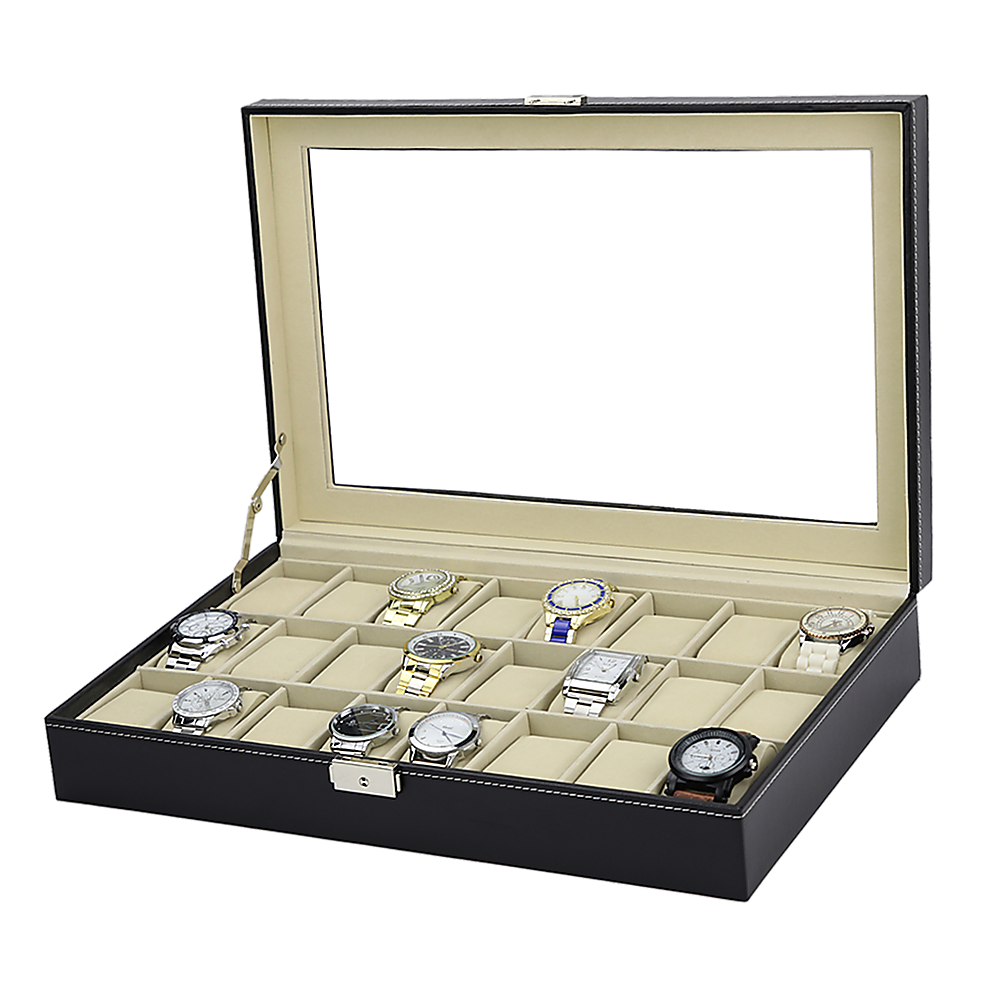 Watch Box - 24 Slot Luxury Display Case With Framed Glass Lid 4