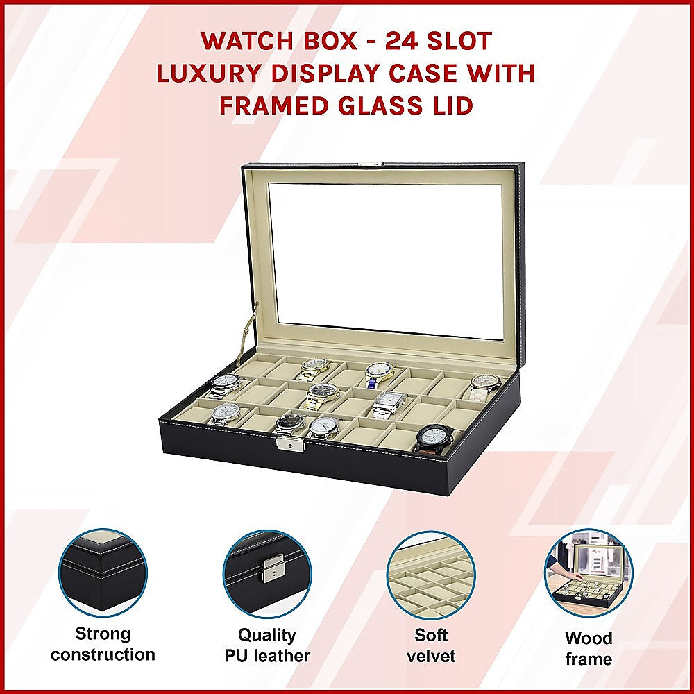 Watch Box - 24 Slot Luxury Display Case With Framed Glass Lid 3