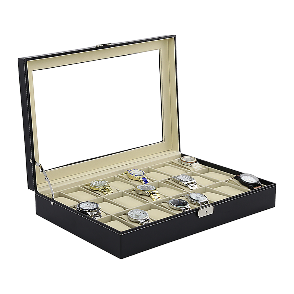 Watch Box - 24 Slot Luxury Display Case With Framed Glass Lid 7
