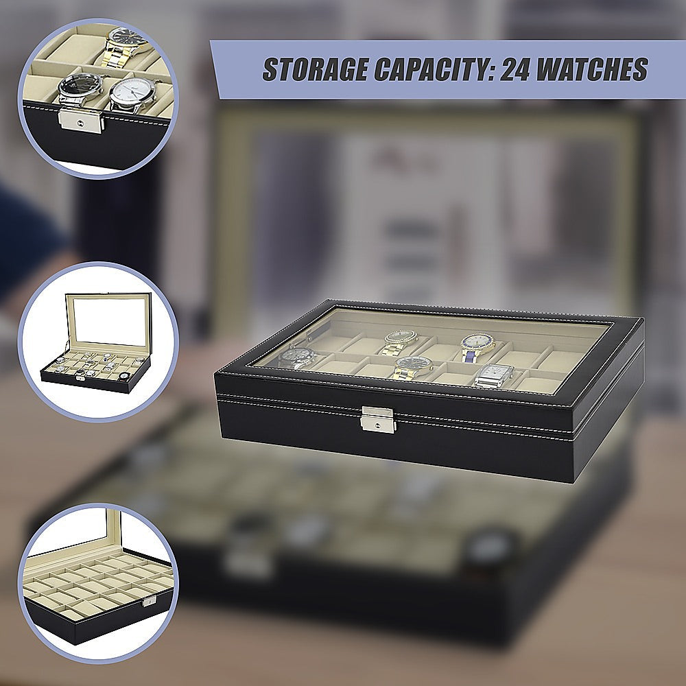 Watch Box - 24 Slot Luxury Display Case With Framed Glass Lid 8