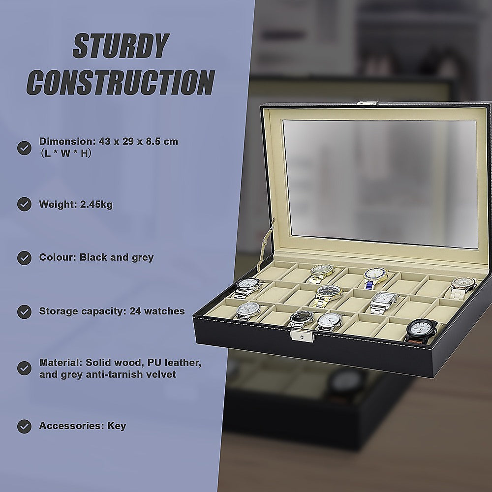 Watch Box - 24 Slot Luxury Display Case With Framed Glass Lid 10