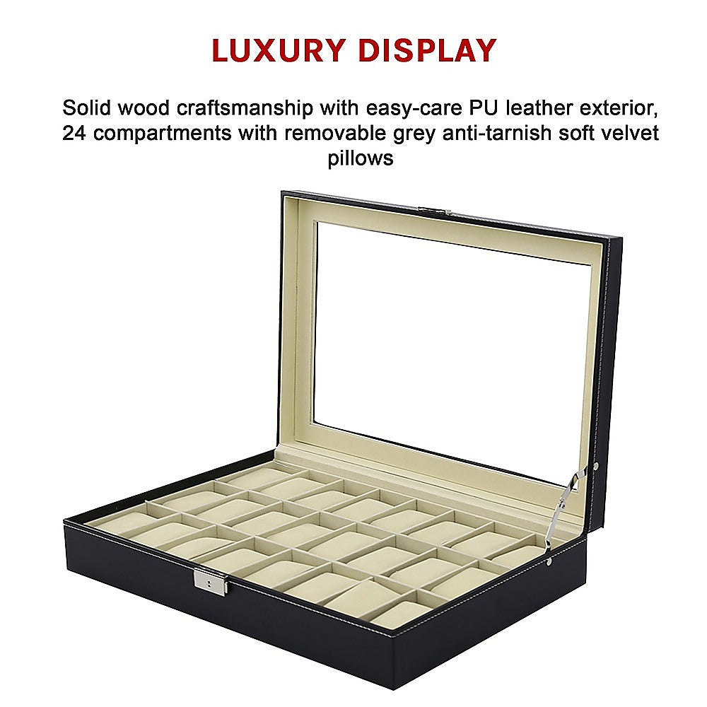 Watch Box - 24 Slot Luxury Display Case With Framed Glass Lid 11