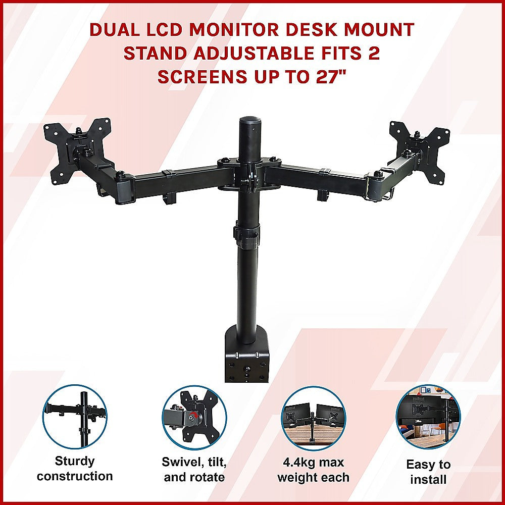 Dual LCD Monitor Desk Mount Stand Adjustable Fits 2 Screens Up To 27" 3