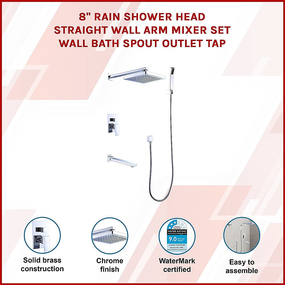 8" Rain Shower Head Straight Wall Arm Mixer Set Wall Bath Spout Outlet Tap 3