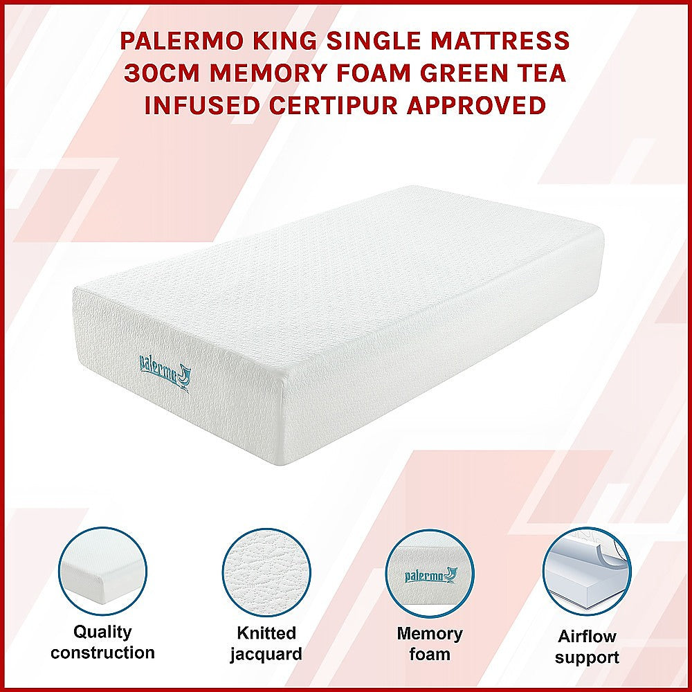 Palermo King Single Mattress 30cm Memory Foam Green Tea Infused CertiPUR Approved 3