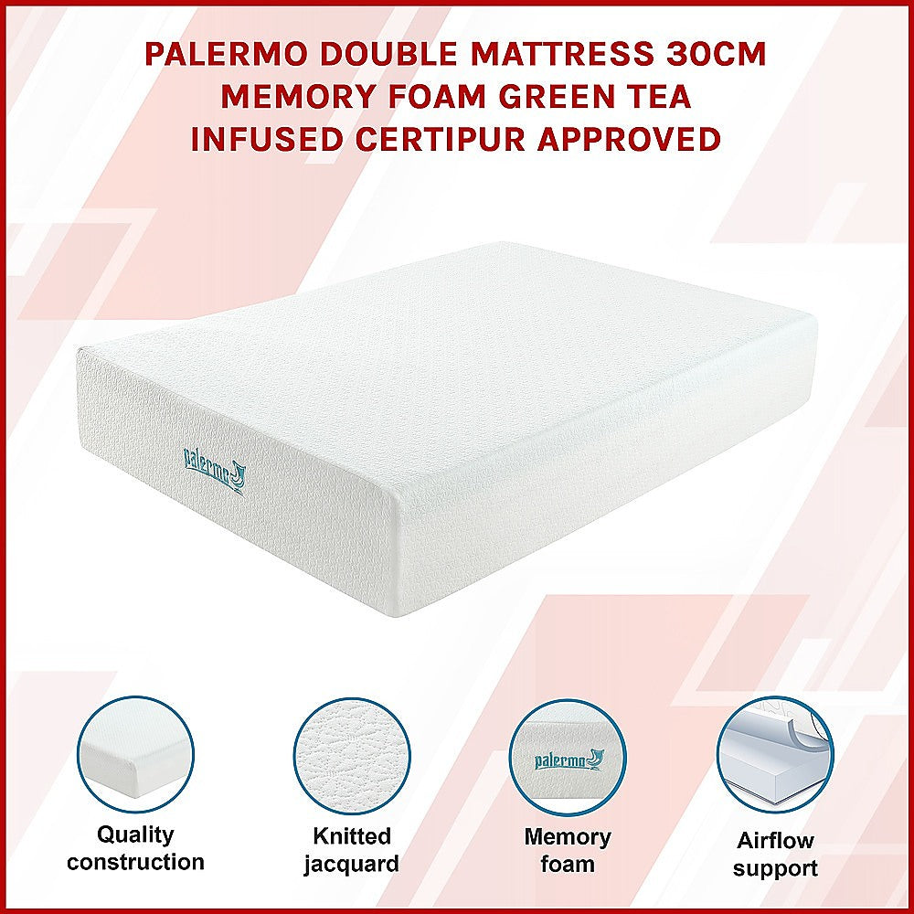Palermo Double Mattress 30cm Memory Foam Green Tea Infused CertiPUR Approved 3