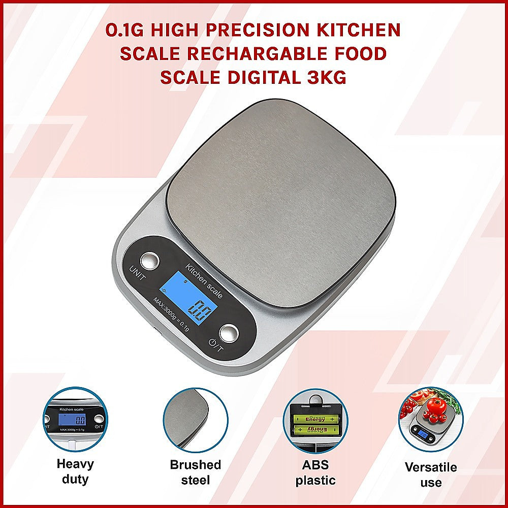 0.1g High Precision Kitchen Scale Rechargable Food Scale Digital 3KG 3