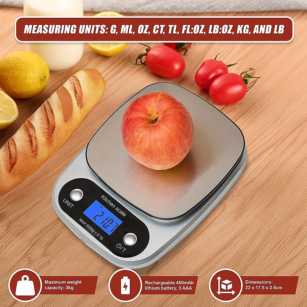 0.1g High Precision Kitchen Scale Rechargable Food Scale Digital 3KG 9