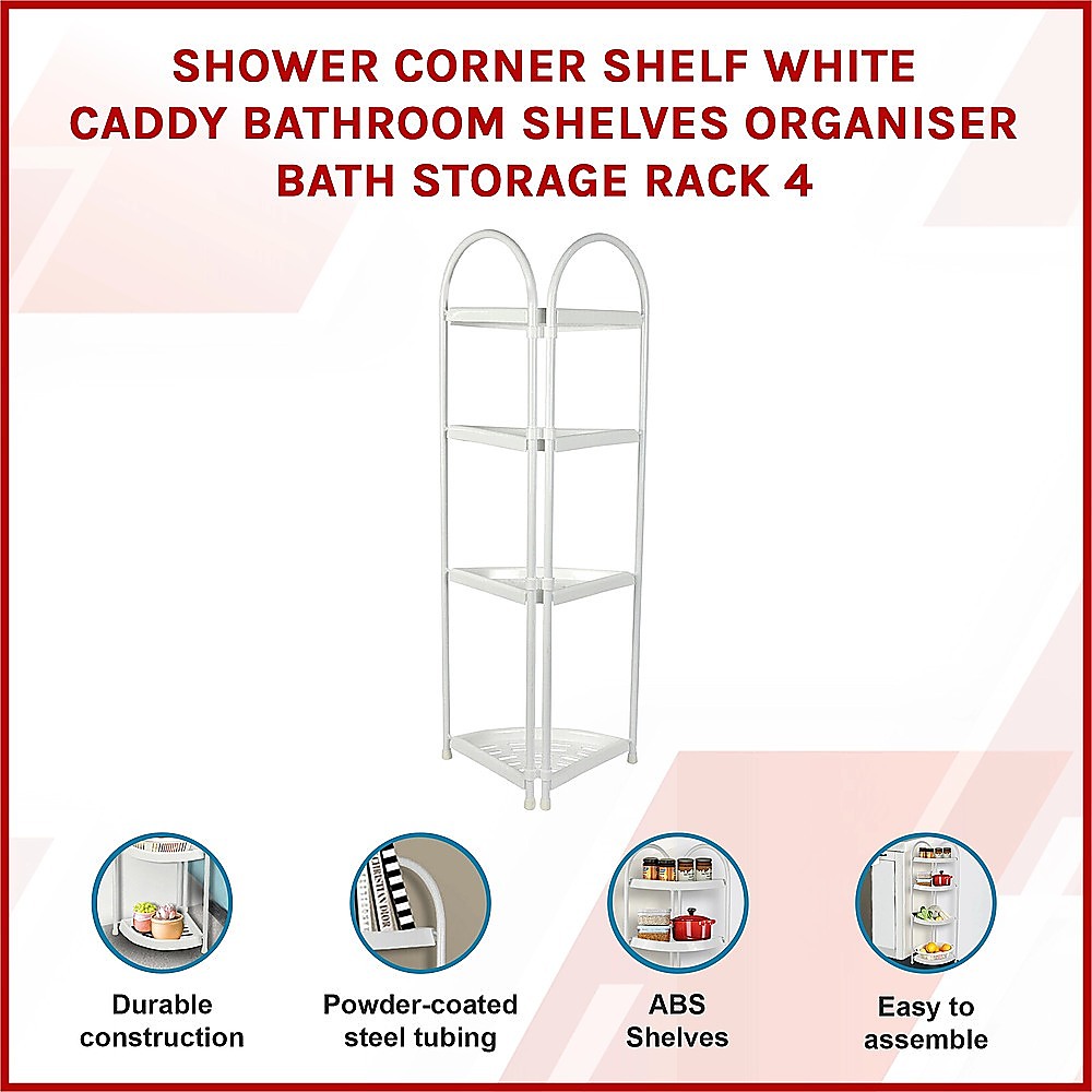 Shower Corner Shelf White Caddy Bathroom Shelves Organiser Bath Storage Rack 4 3