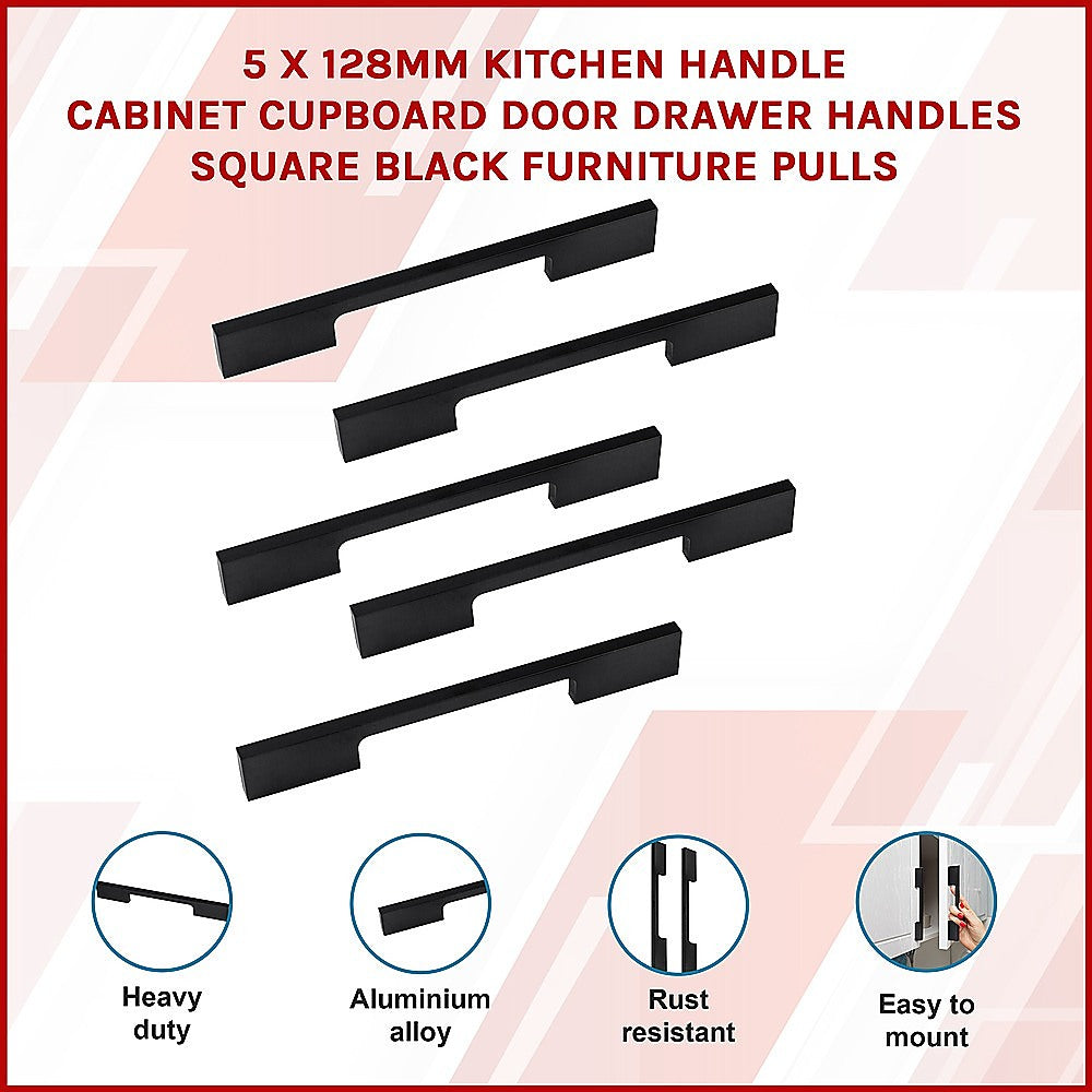5 x 128mm Kitchen Handle Cabinet Cupboard Door Drawer Handles square Black furniture pulls 3