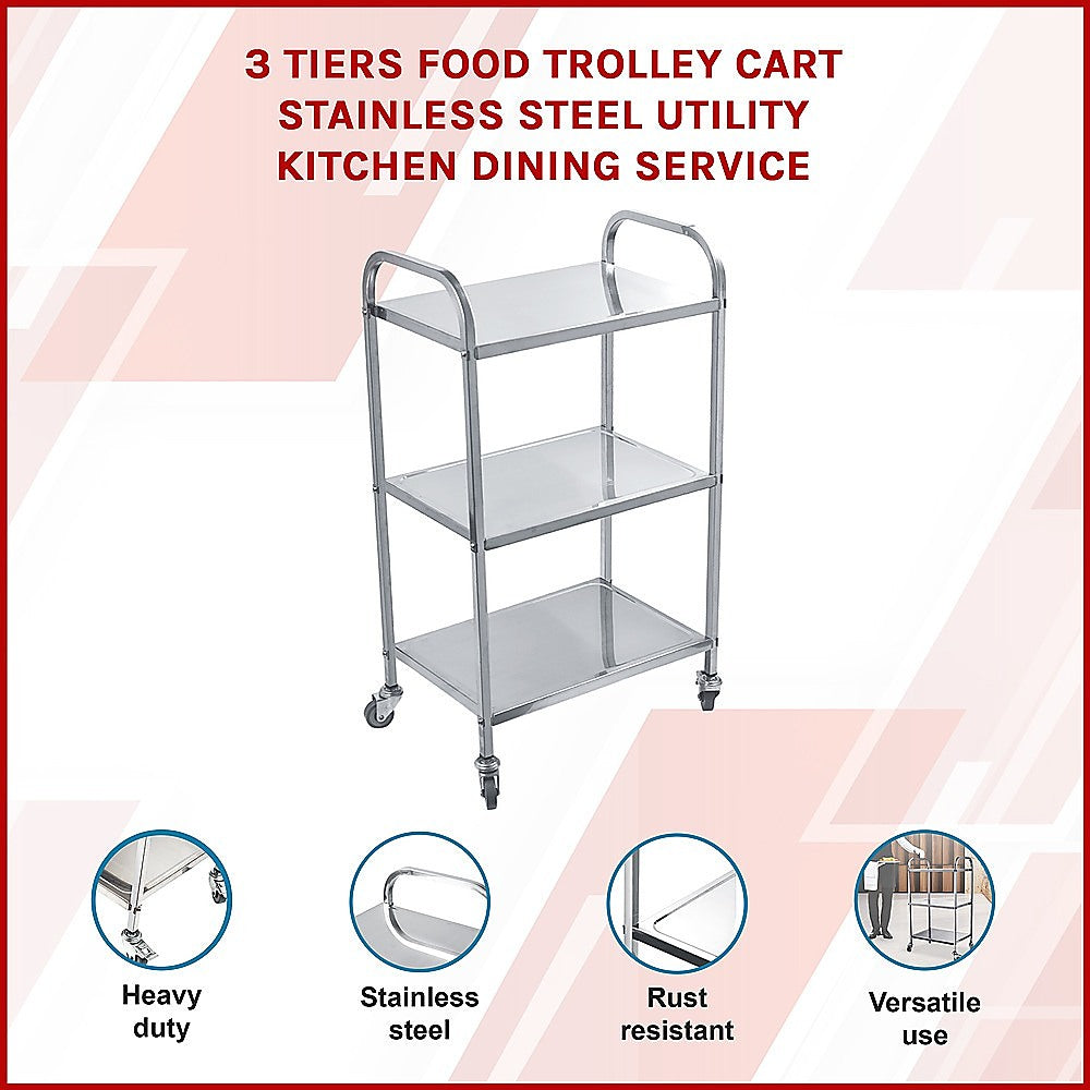 3 Tiers Food Trolley Cart Stainless Steel Utility Kitchen Dining Service 3