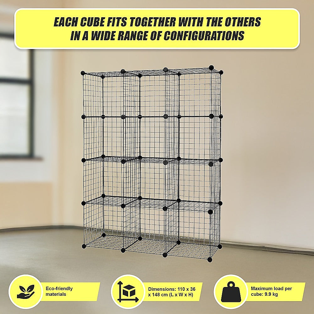12 Cube Wire Grid Organiser Bookcase Storage Cabinet Wardrobe Closet Black 8