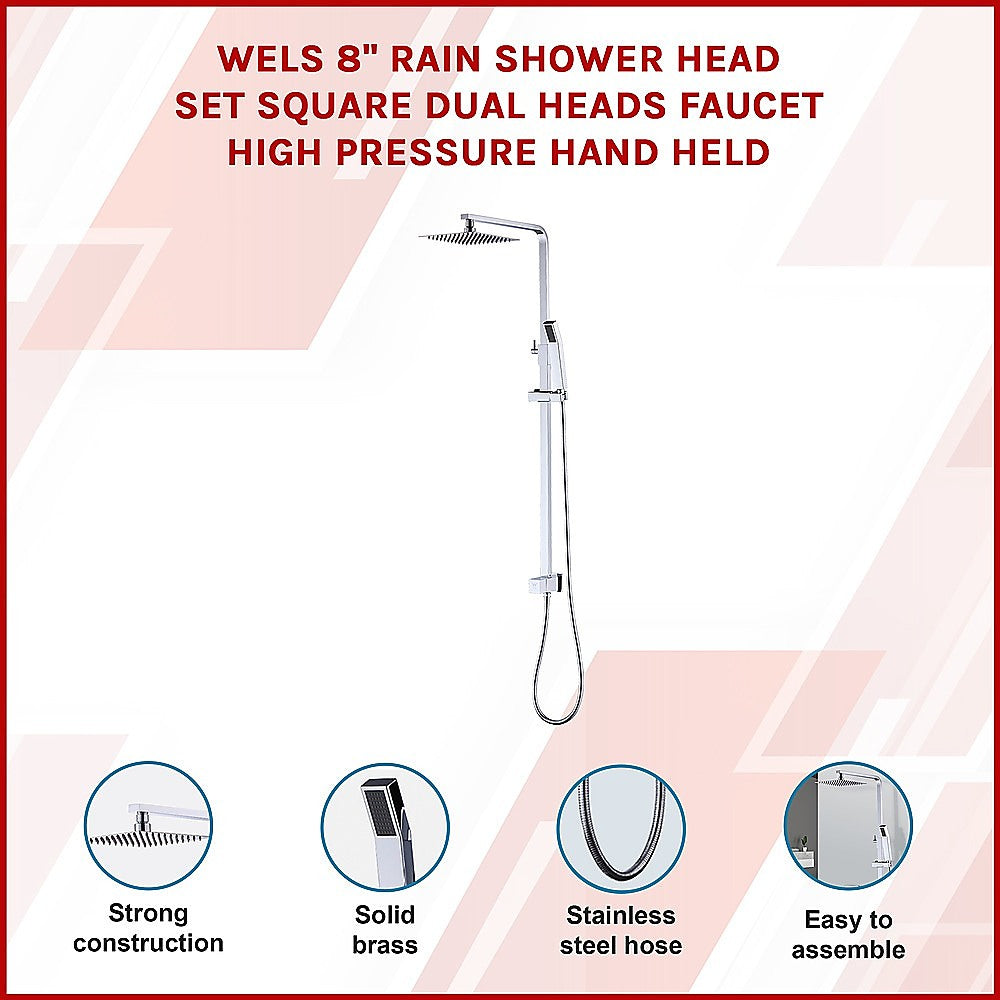 WELS 8" Rain Shower Head Set Square Dual Heads Faucet High Pressure Hand Held 3