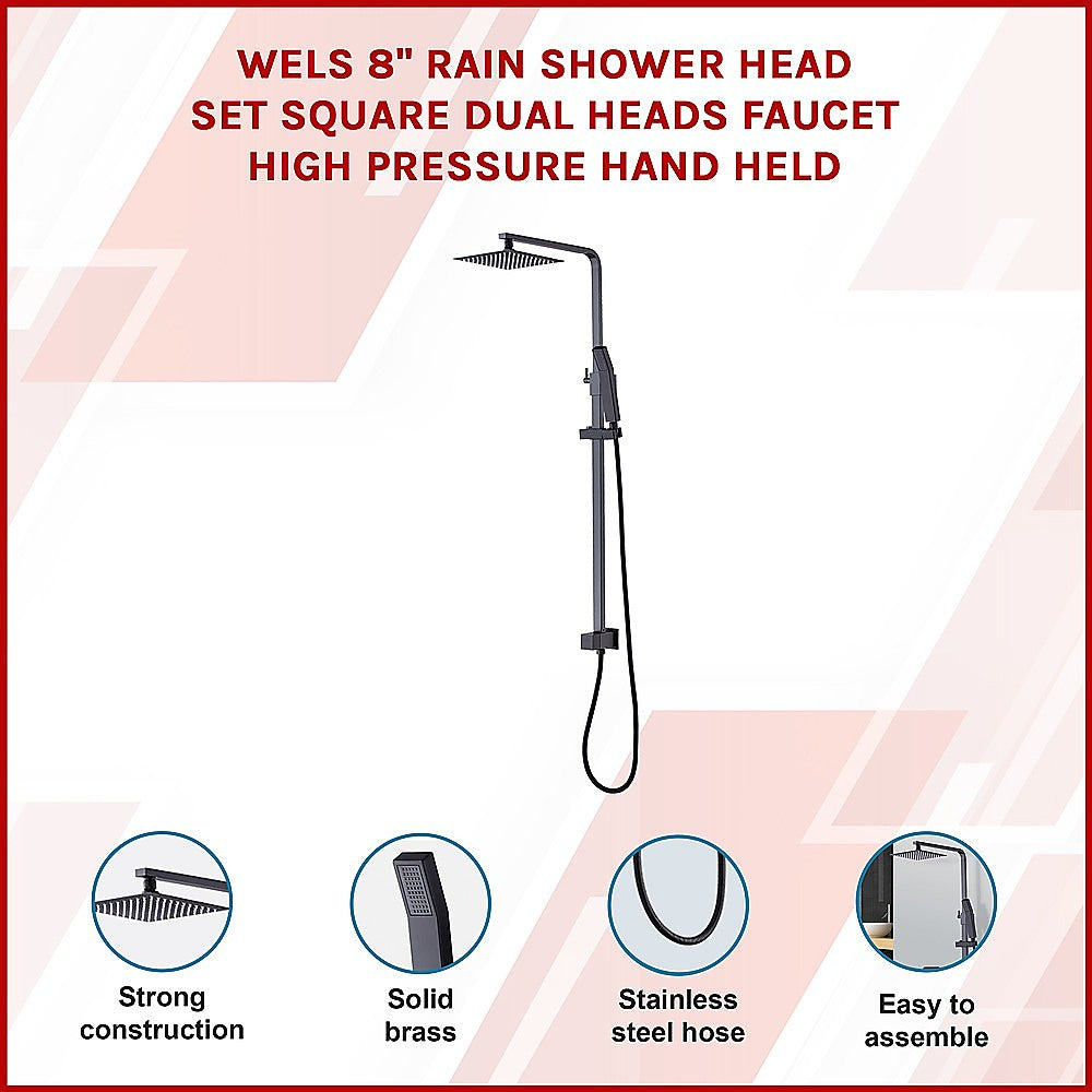 WELS 8" Rain Shower Head Set Square Dual Heads Faucet High Pressure Hand Held 3