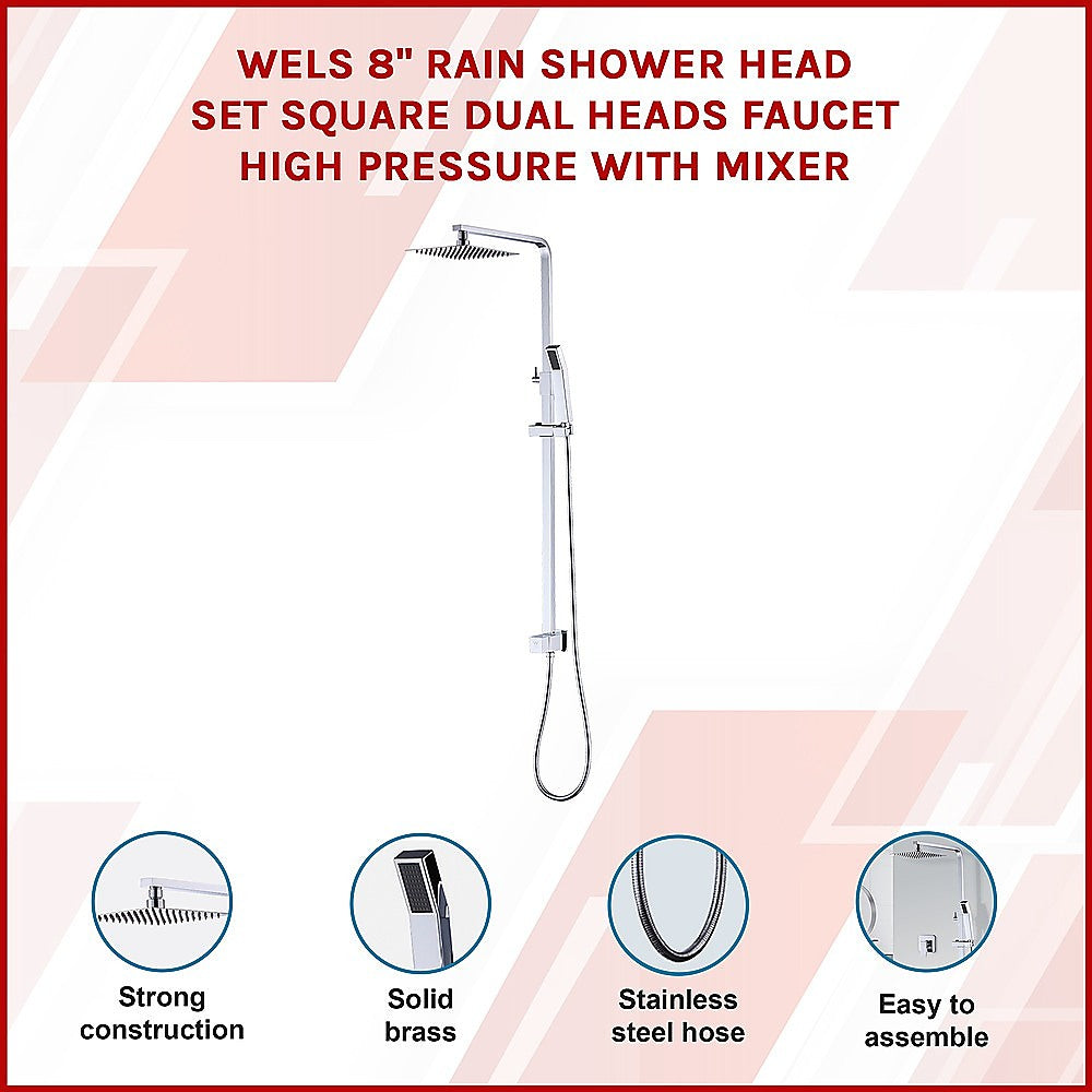 WELS 8" Rain Shower Head Set Square Dual Heads Faucet High Pressure With Mixer 3