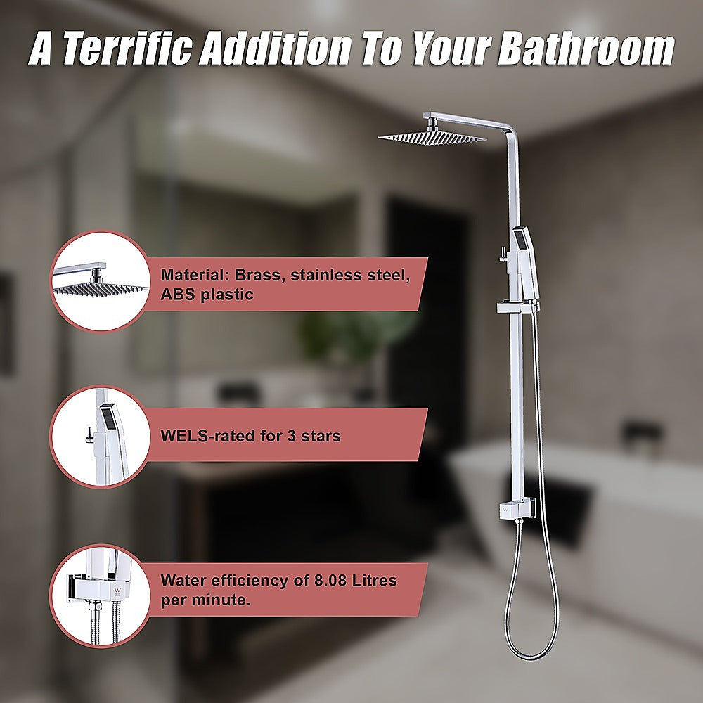 WELS 8" Rain Shower Head Set Square Dual Heads Faucet High Pressure With Mixer 6