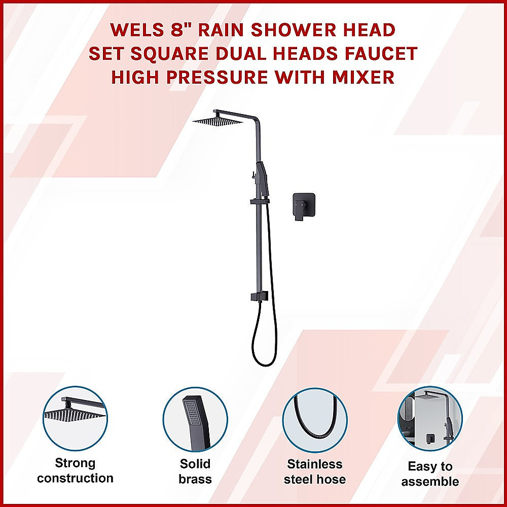 WELS 8" Rain Shower Head Set Square Dual Heads Faucet High Pressure With Mixer 3