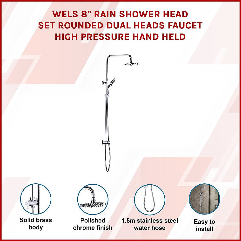 WELS 8" Rain Shower Head Set Rounded Dual Heads Faucet High Pressure Hand Held 3
