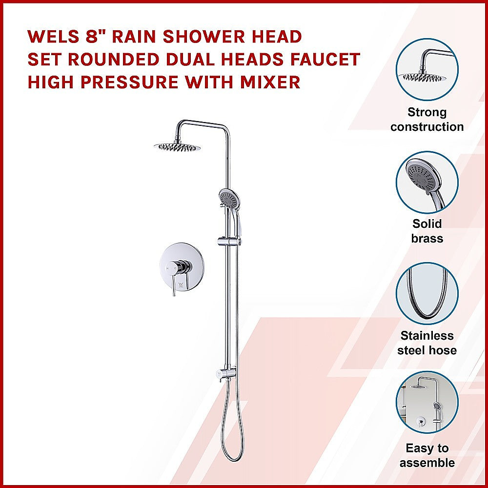 WELS 8" Rain Shower Head Set Rounded Dual Heads Faucet High Pressure With Mixer 3