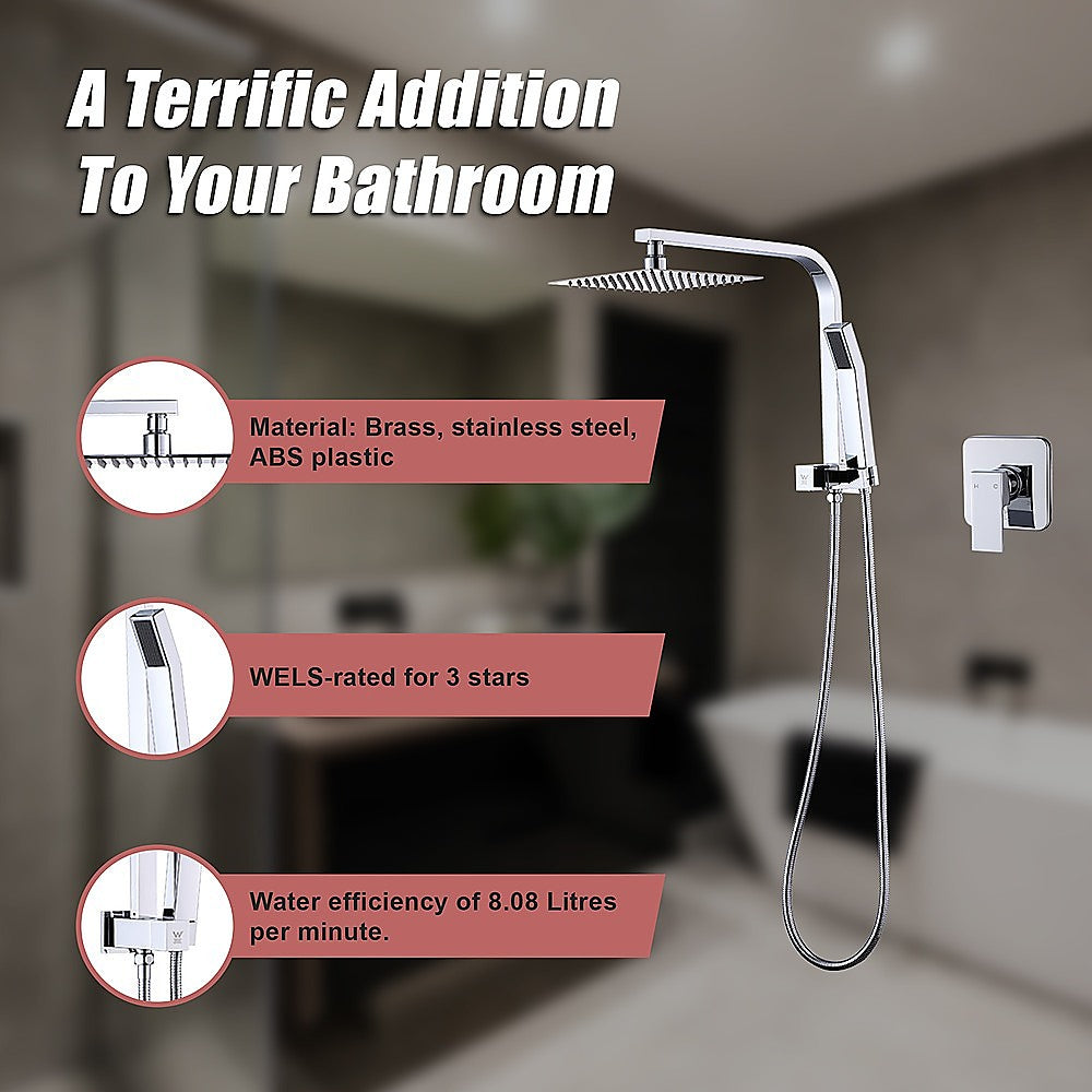 WELS 8" Rain Shower Head Set Square Dual Heads Faucet High Pressure With Mixer 6