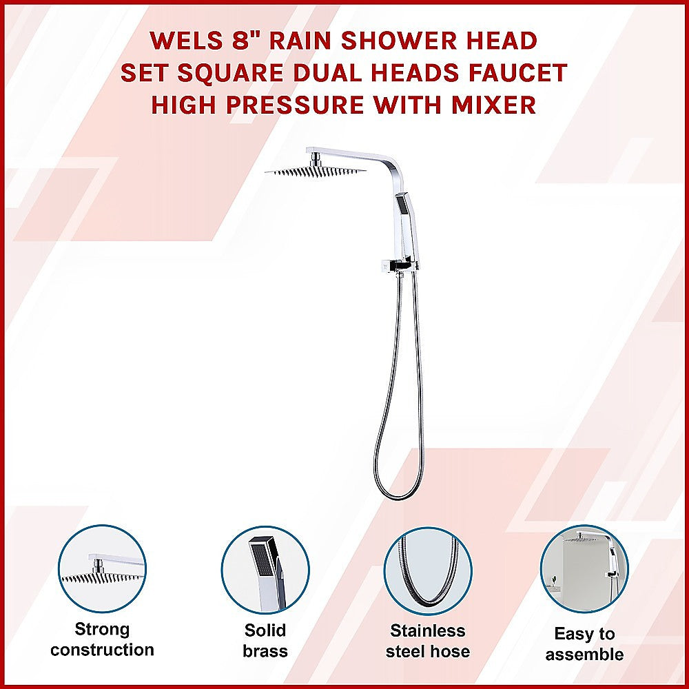 WELS 8" Rain Shower Head Set Square Dual Heads Faucet High Pressure Hand Held 3