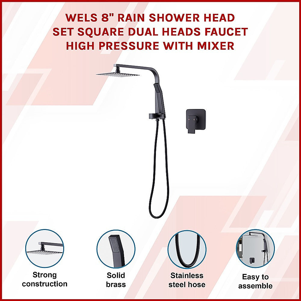 WELS 8" Rain Shower Head Set Square Dual Heads Faucet High Pressure With Mixer 3