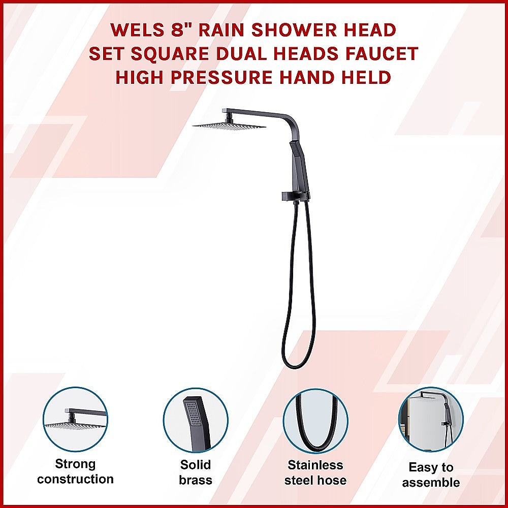 WELS 8" Rain Shower Head Set Square Dual Heads Faucet High Pressure Hand Held 3