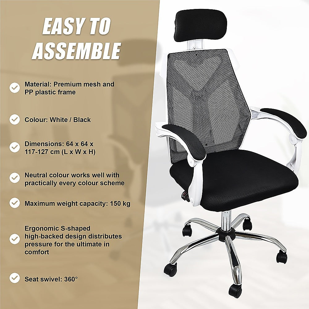 Office Chair Gaming Computer Chairs Mesh Back Foam Seat - White 9