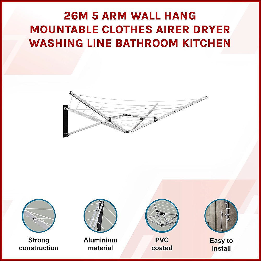 26m 5 Arm Wall Hang Mountable Clothes Airer Dryer Washing Line Bathroom Kitchen 3