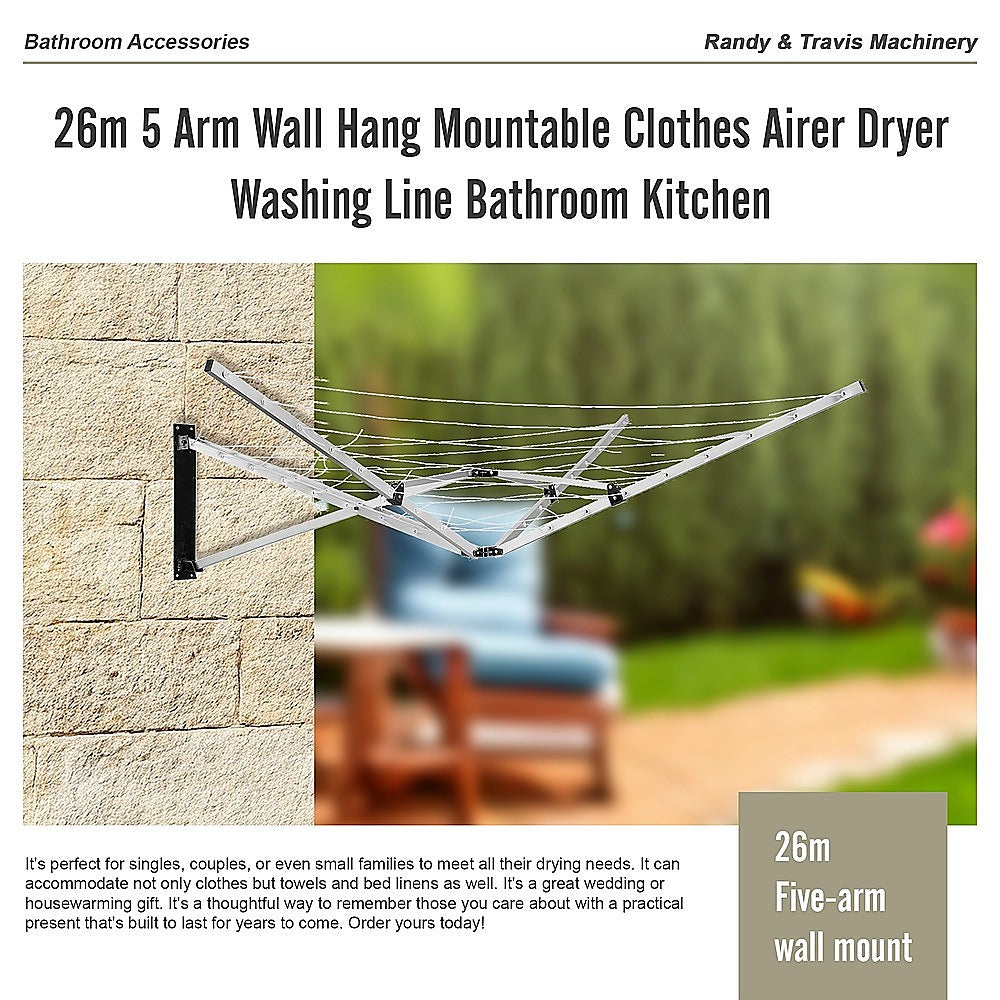 26m 5 Arm Wall Hang Mountable Clothes Airer Dryer Washing Line Bathroom Kitchen 8