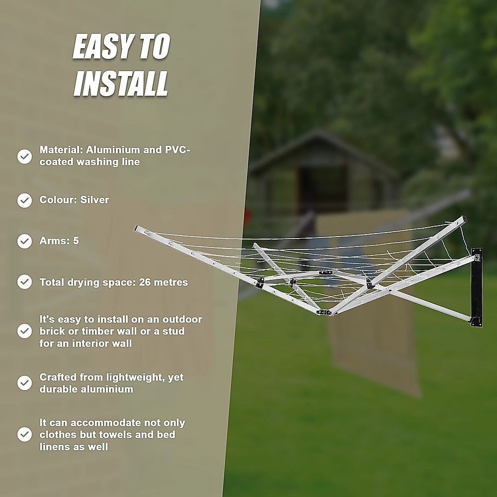 26m 5 Arm Wall Hang Mountable Clothes Airer Dryer Washing Line Bathroom Kitchen 9