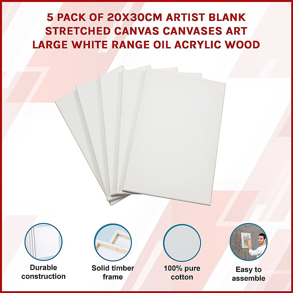 5 pack of 20x30cm Artist Blank Stretched Canvas Canvases Art Large White Range Oil Acrylic Wood 3
