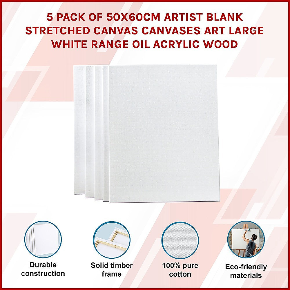 5 pack of 50x60cm Artist Blank Stretched Canvas Canvases Art Large White Range Oil Acrylic Wood 3