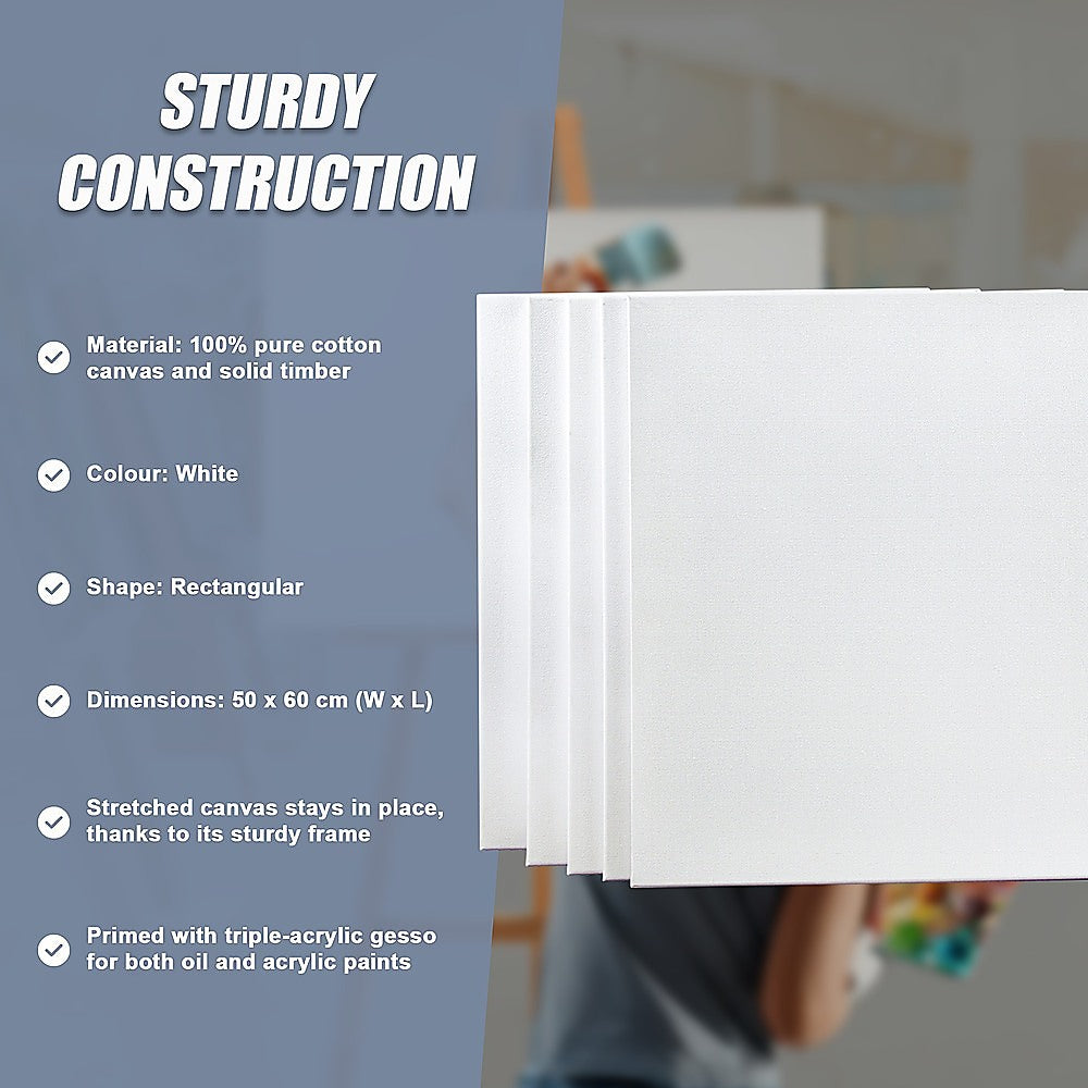 5 pack of 50x60cm Artist Blank Stretched Canvas Canvases Art Large White Range Oil Acrylic Wood 10
