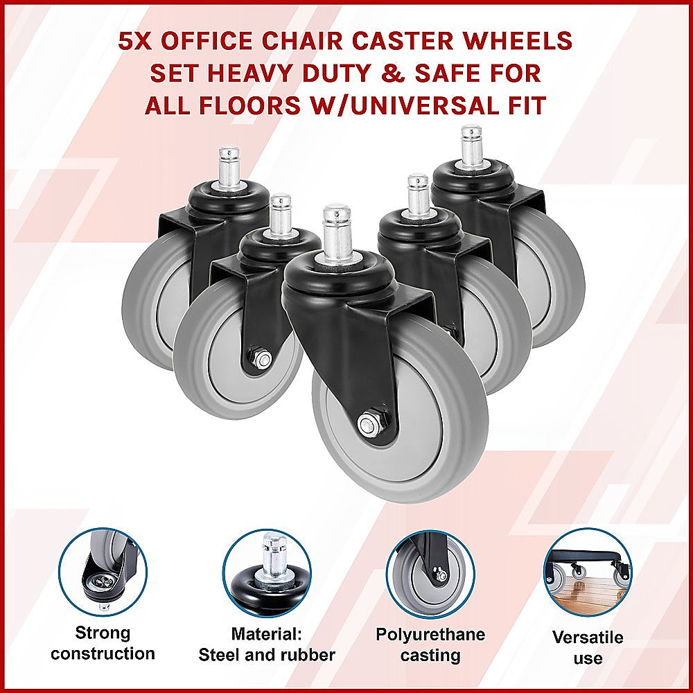 5x Office Chair Caster Wheels Set Heavy Duty & Safe for All Floors w/Universal Fit 3