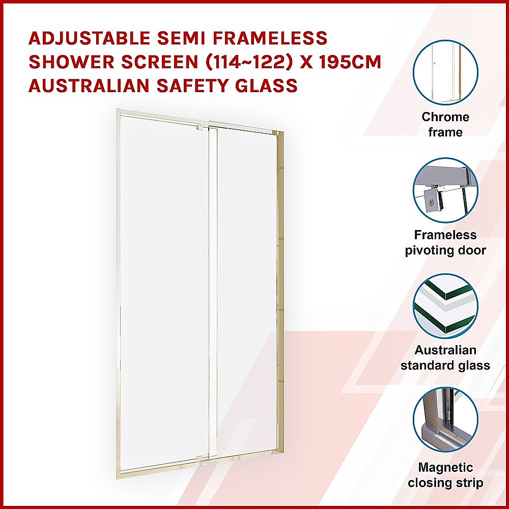 Adjustable Semi Frameless Shower Screen (114~122) x 195cm Australian Safety Glass 3