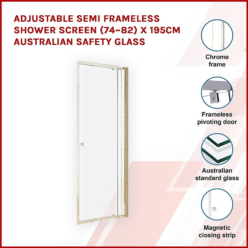 Adjustable Semi Frameless Shower Screen (74~82) x 195cm Australian Safety Glass 3