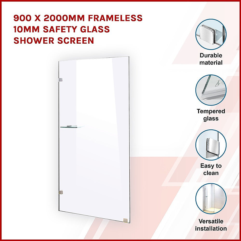 900 x 2000mm Frameless 10mm Safety Glass Shower Screen 3