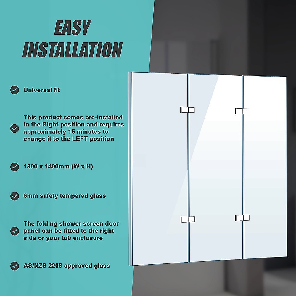 3 Fold Chrome Folding Bath Shower Screen Door Panel 1300mm x 1400mm 9