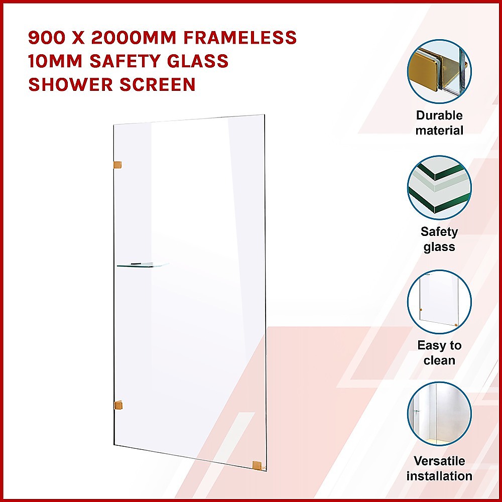 900 x 2000mm Frameless 10mm Safety Glass Shower Screen 3
