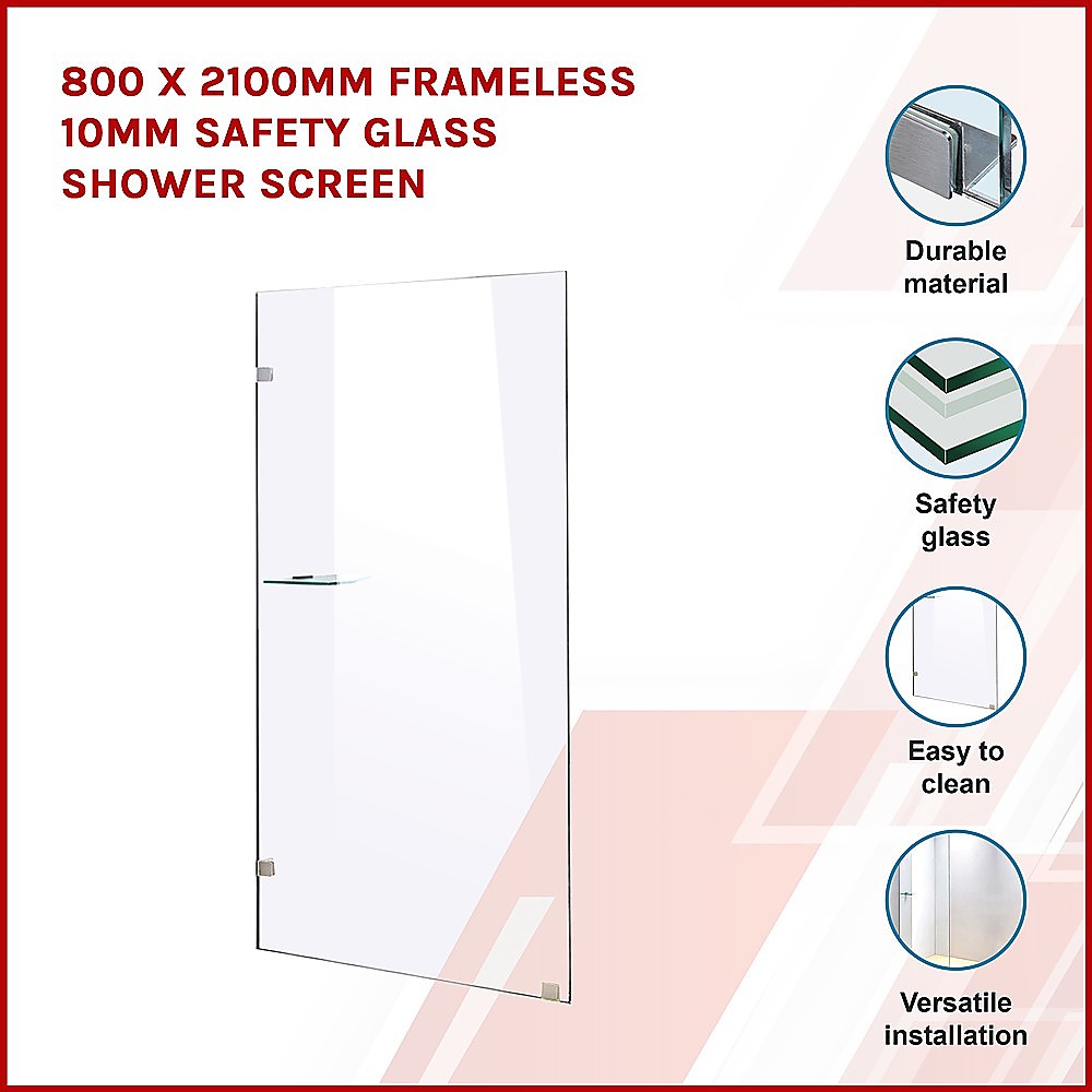 800 x 2100mm Frameless 10mm Safety Glass Shower Screen 3
