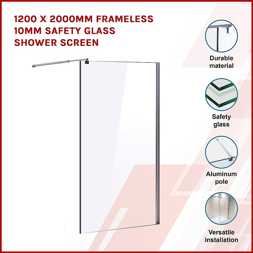 1200 x 2000mm Frameless 10mm Safety Glass Shower Screen 3