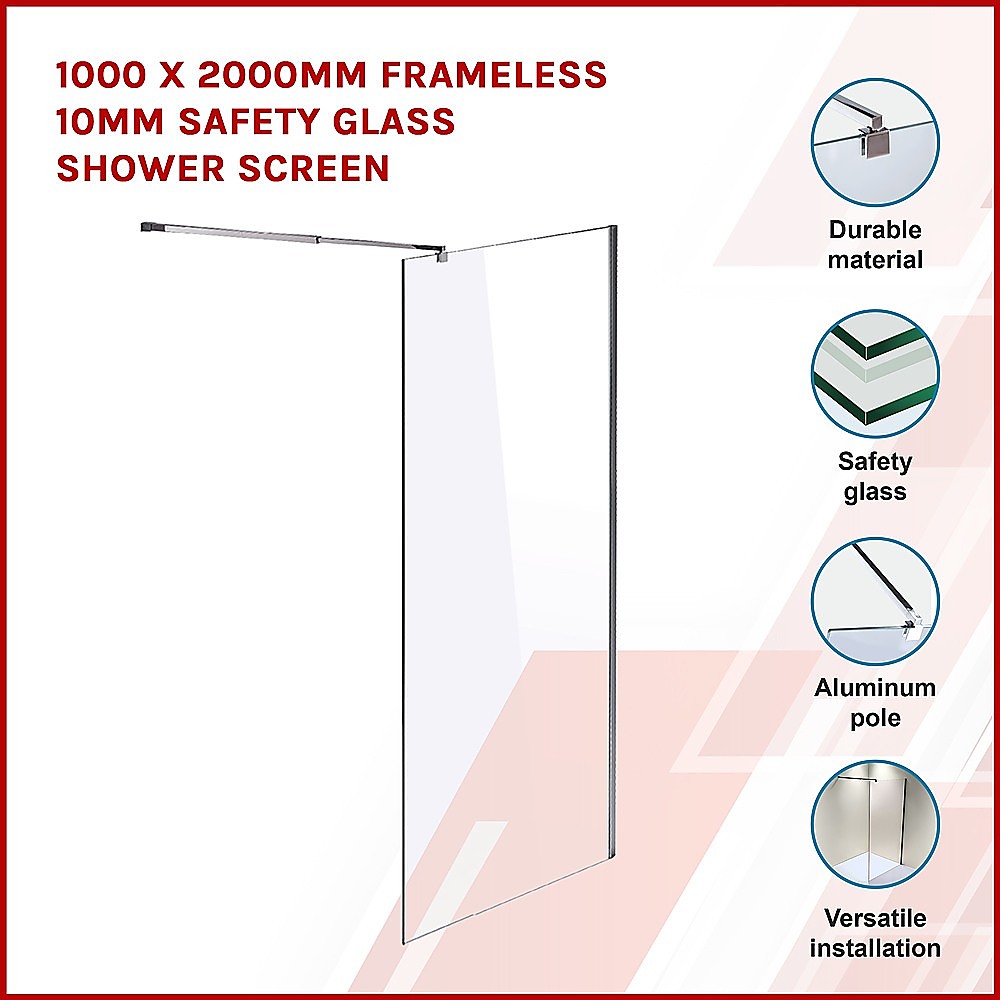 1000 x 2000mm Frameless 10mm Safety Glass Shower Screen 3