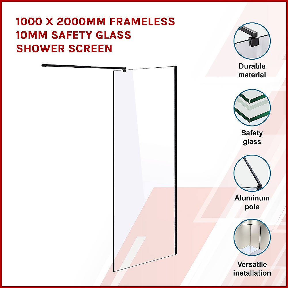 1000 x 2000mm Frameless 10mm Safety Glass Shower Screen 3