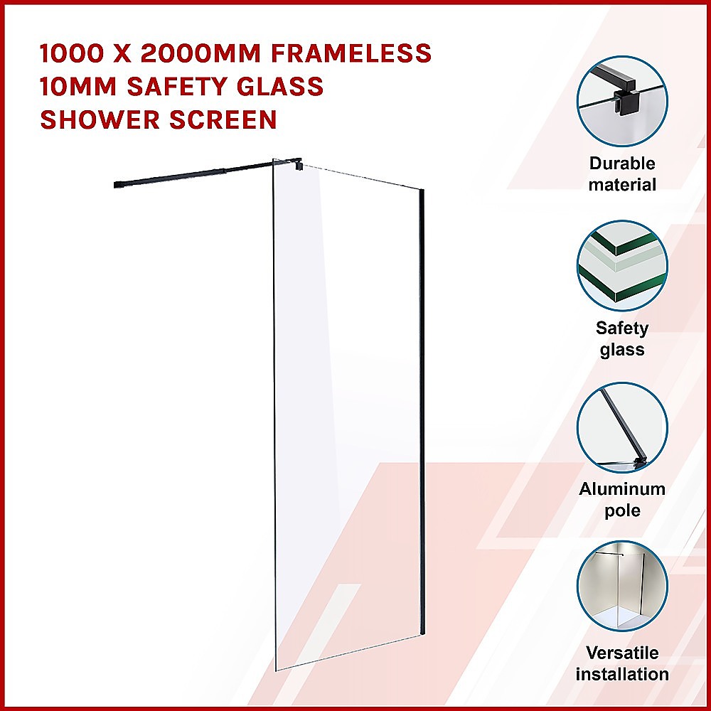 1000 x 2000mm Frameless 10mm Safety Glass Shower Screen 3