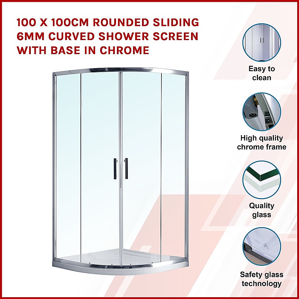 100 x 100cm Rounded Sliding 6mm Curved Shower Screen with Base in Chrome 3
