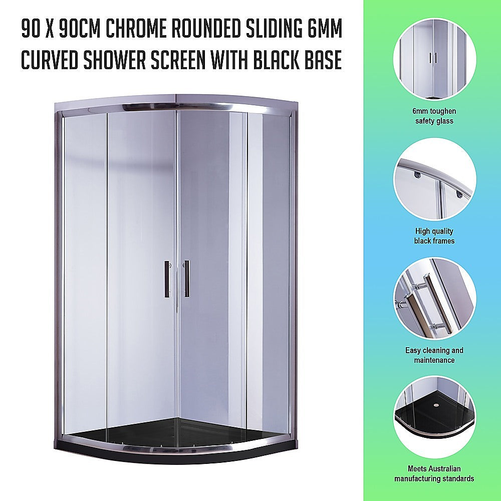 90 x 90cm Chrome Rounded Sliding 6mm Curved Shower Screen with Black Base 3
