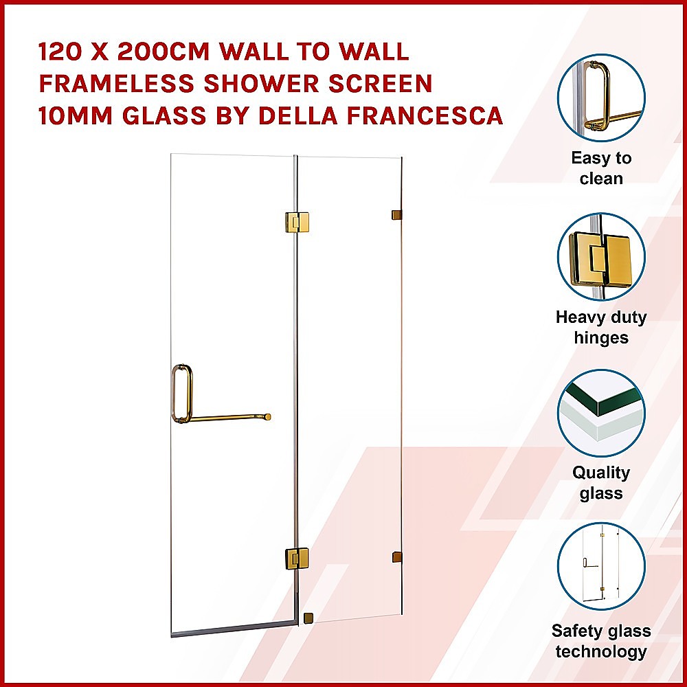 120 x 200cm Wall to Wall Frameless Shower Screen 10mm Glass By Della Francesca 3