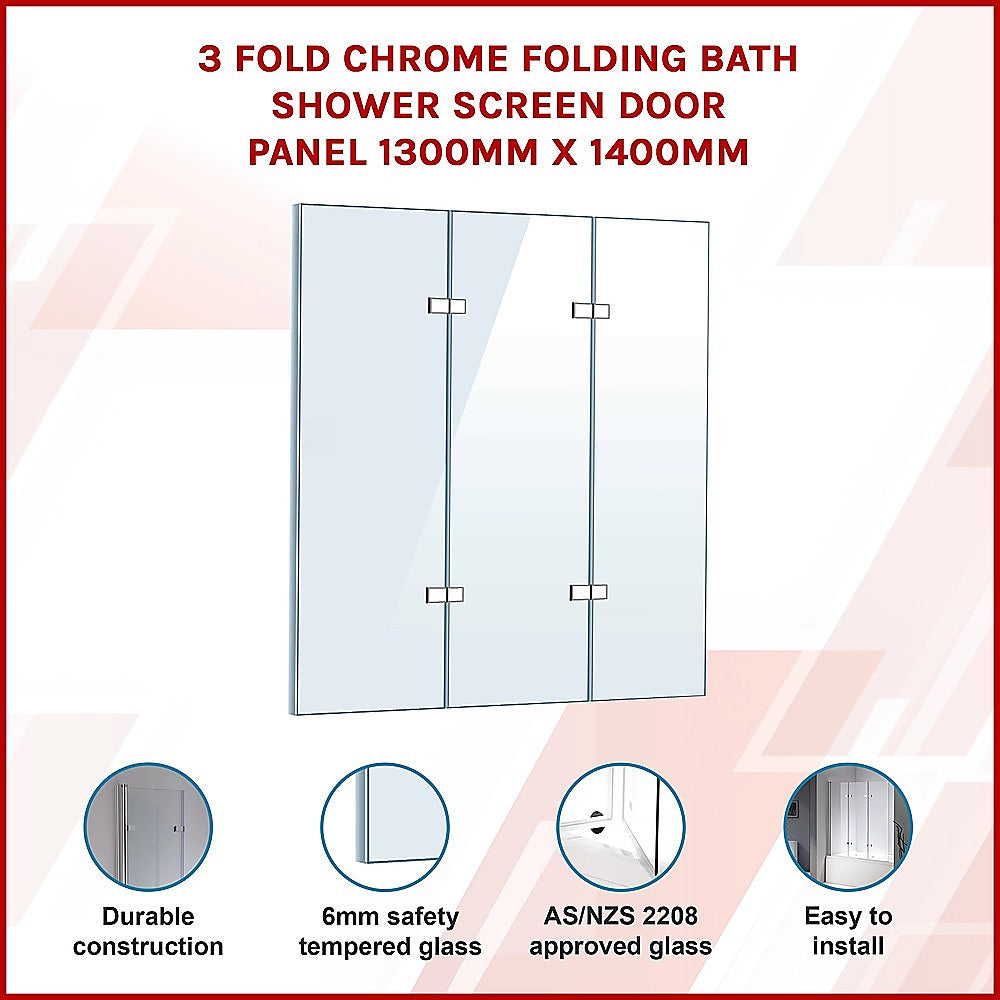 3 Fold Chrome Folding Bath Shower Screen Door Panel 1300mm x 1400mm 3